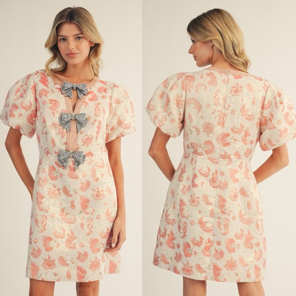 Coral floral tapestry jacquard rhinestone bow puff sleeve luxury western Dress - Picture 1 of 3